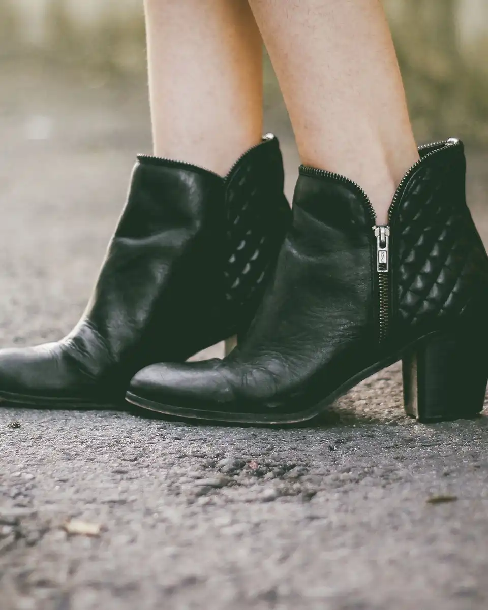Black leather ankle boots with quilted panels and a block heel on a gravel path